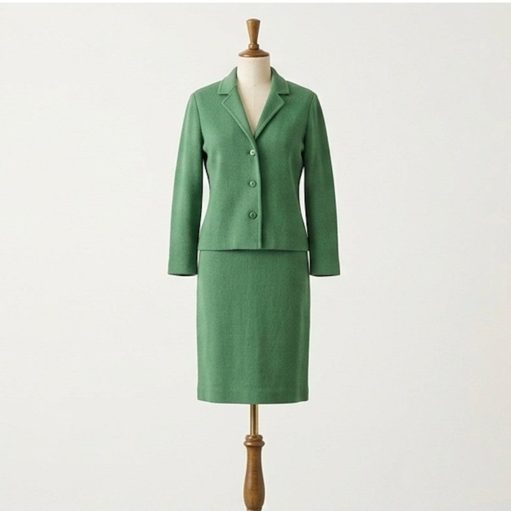 Vintage‎ 50s Emerald Green Textured Knit Skirt Suit Blazer Set 2 Piece Medium